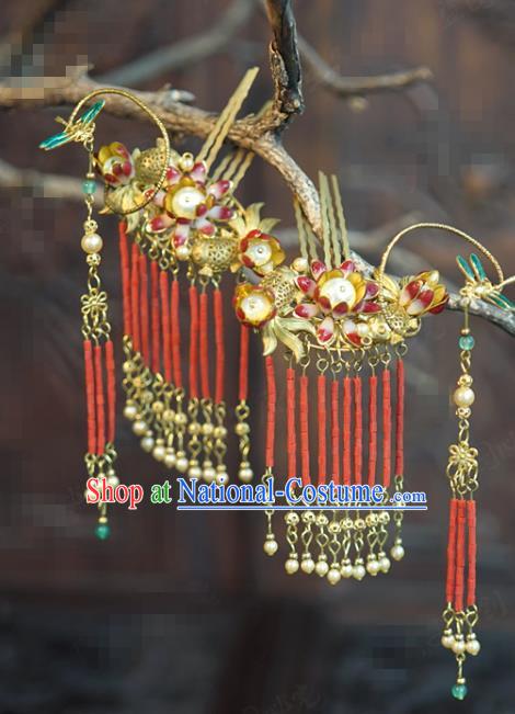 China Traditional Wedding Beads Tassel Hair Comb and Hairpins Ancient Bride Hair Accessories Full Set