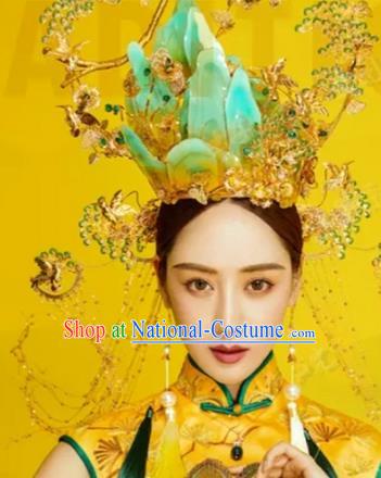 China Traditional Wedding Hair Accessories Deluxe Ancient Bride Blue Mountain Hair Crown Phoenix Coronet and Earrings Full Set