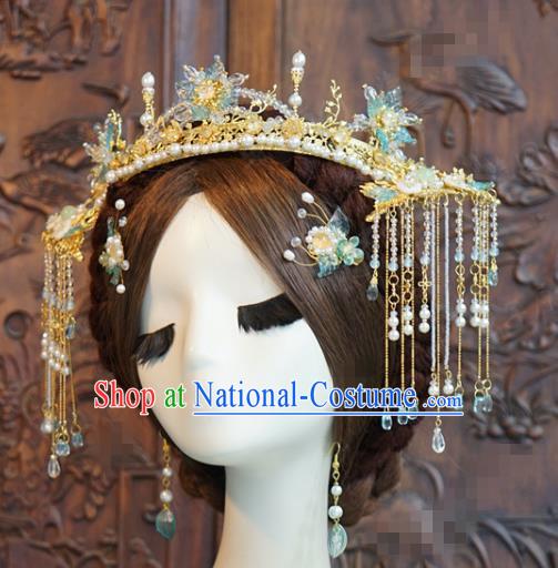 China Traditional Wedding Golden Hair Crown and Tassel Hairpins Ancient Bride Hair Accessories and Earrings Full Set