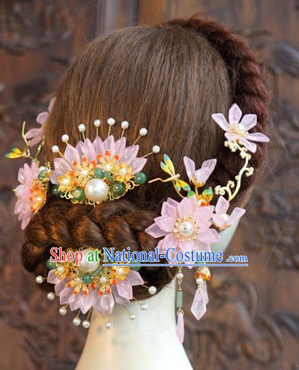 China Traditional Wedding Pink Flower Hair Combs and Hairpins Ancient Bride Hair Accessories Hair Sticks Full Set