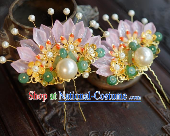 China Ancient Bride Flowers Hair Stick Traditional Xiuhe Suit Hair Accessories Wedding Jade Beads Hairpin