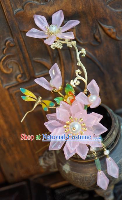 China Ancient Bride Tassel Hair Stick Traditional Xiuhe Suit Hair Accessories Wedding Pink Flower Dragonfly Hairpin