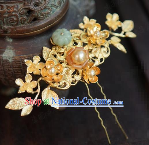 China Ancient Qing Dynasty Jade Hair Stick Traditional Xiuhe Suit Hair Accessories Wedding Bride Golden Hairpin