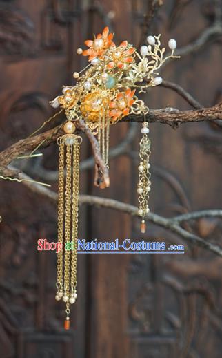 China Ancient Qing Dynasty Long Tassel Hair Stick Traditional Xiuhe Suit Hair Accessories Wedding Bride Flowers Hairpin