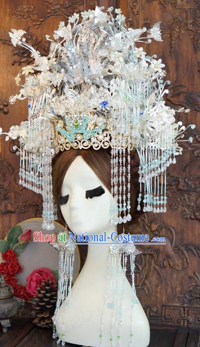 China Wedding Argent Phoenix Coronet Traditional Hair Accessories Complete Set Ancient Bride Deluxe Butterfly Hair Crown and Earrings