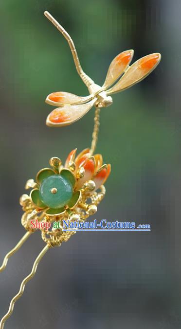 China Ancient Qing Dynasty Enamel Dragonfly Hair Stick Traditional Xiuhe Suit Hair Accessories Wedding Bride Jade Hairpin