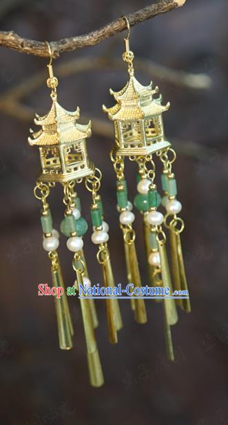 Top Grade Golden Palace Ear Jewelry China Traditional Qing Dynasty Empress Accessories Ancient Bride Jade Tassel Earrings