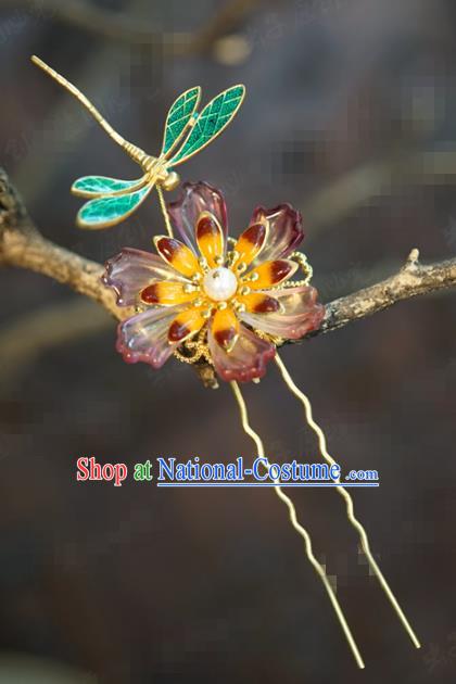 China Ancient Traditional Xiuhe Suit Hair Accessories Wedding Bride Flower Hairpin Qing Dynasty Blueing Dragonfly Hair Stick