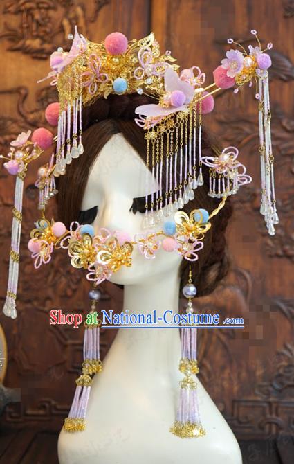 China Wedding Phoenix Coronet Traditional Hair Accessories Ancient Bride Deluxe Golden Hair Crown and Hairpins and Earrings