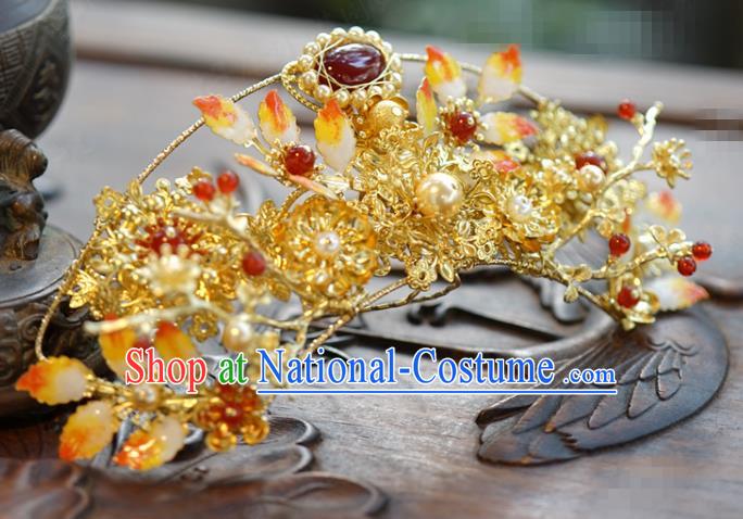 China Wedding Bride Pearls Hair Crown Traditional Xiuhe Suit Hair Accessories Ancient Golden Hair Stick