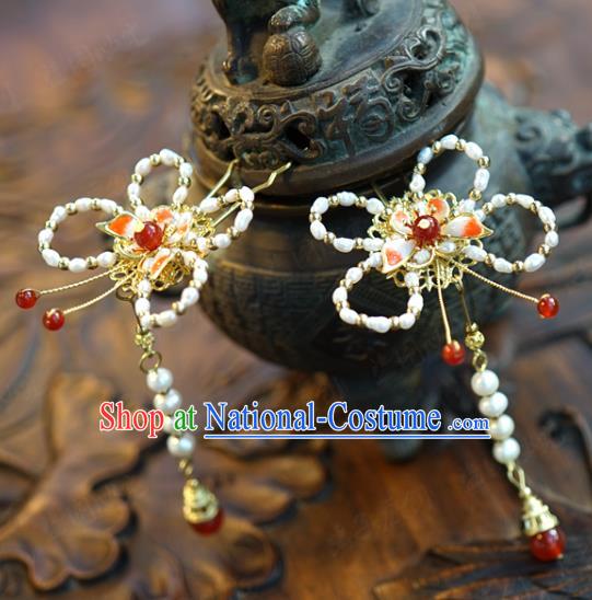 China Wedding Bride Hairpin Traditional Xiuhe Suit Hair Accessories Ancient Pearls Butterfly Hair Stick