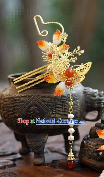 China Wedding Tassel Hairpin Traditional Xiuhe Suit Hair Accessories Ancient Bride Golden Butterfly Hair Comb