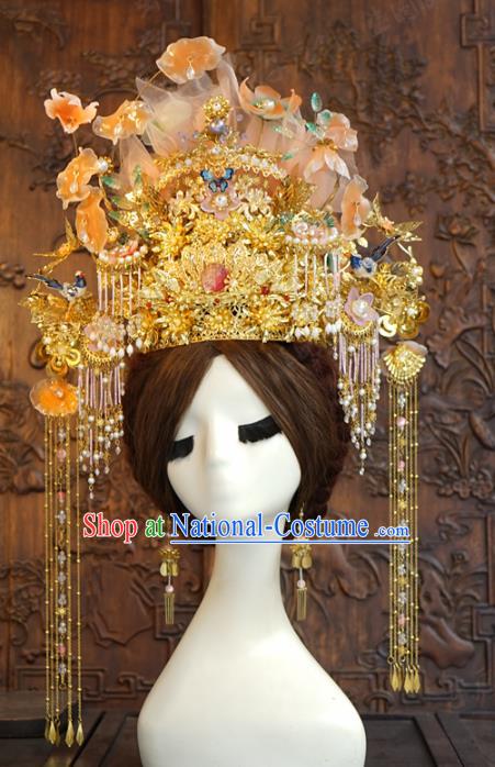 China Traditional Deluxe Phoenix Coronet Ancient Wedding Bride Hair Accessories Golden Tassel Hair Crown Full Set