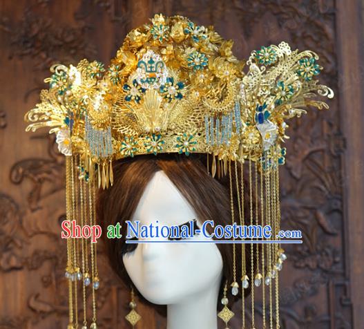 China Traditional Golden Tassel Hair Crown Deluxe Phoenix Coronet Ancient Wedding Bride Hair Accessories Full Set