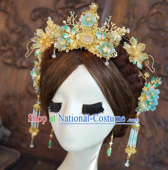 China Traditional Green Flowers Hair Crown and Tassel Hairpins Ancient Wedding Bride Hair Accessories