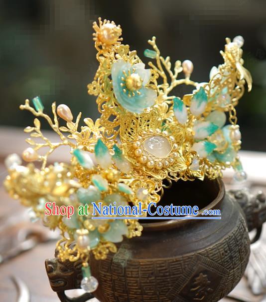 China Wedding Chalcedony Hair Crown Traditional Xiuhe Suit Hair Accessories Ancient Bride Golden Hair Stick