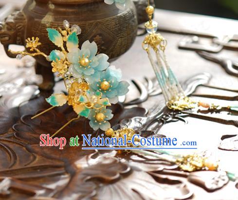 China Wedding Tassel Hairpin Traditional Xiuhe Suit Hair Accessories Ancient Bride Blue Flowers Hair Stick