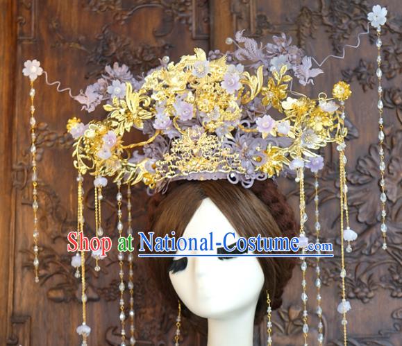 China Traditional Lilac Flowers Phoenix Coronet Ancient Wedding Bride Hair Accessories Deluxe Tassel Hair Crown