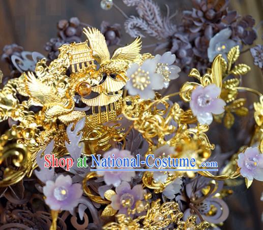 China Traditional Lilac Flowers Phoenix Coronet Ancient Wedding Bride Hair Accessories Deluxe Tassel Hair Crown