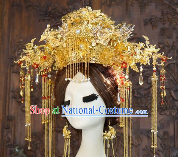 China Ancient Wedding Bride Hair Accessories Deluxe Tassel Hair Crown Traditional Golden Phoenix Coronet