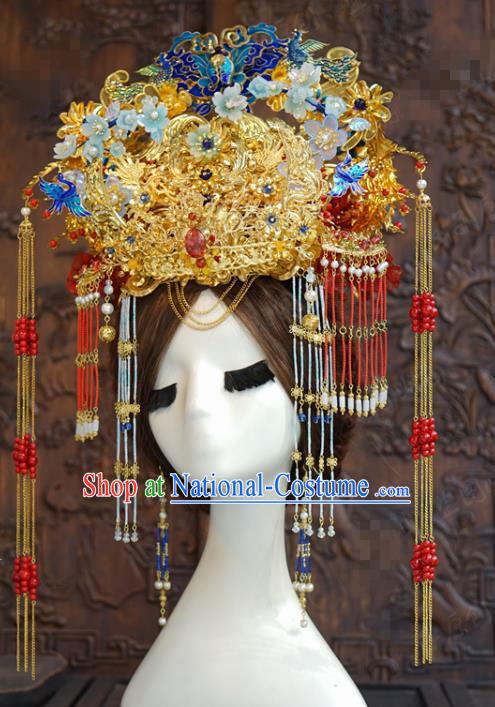 China Deluxe Tassel Golden Hair Crown Traditional Blueing Phoenix Coronet Ancient Wedding Bride Hair Accessories