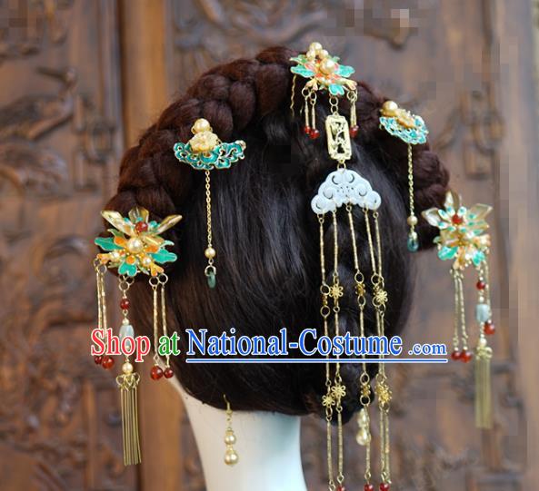 China Traditional Jade Tassel Hair Comb Ancient Wedding Bride Hair Accessories Hairpins Tassel Hair Sticks Full Set