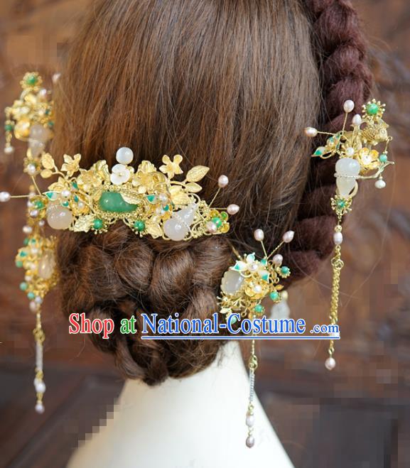 China Traditional Ancient Wedding Bride Hair Accessories Jade Hair Comb Tassel Hairpins Hair Sticks Full Set