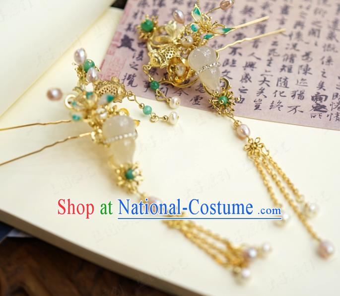 China Ancient Palace Golden Fish Hairpin Wedding Bride Gourd Hair Stick Traditional Xiuhe Suit Hair Accessories