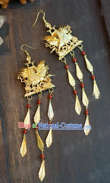 Top Grade Ancient Bride Golden Crane Earrings China Hanfu Accessories Court Tassel Ear Jewelry