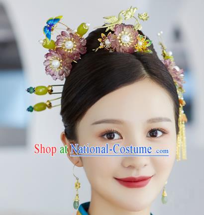 China Ancient Bride Hair Accessories Traditional Wedding Golden Crane Hair Crown and Flower Hairpins Earrings Full Set