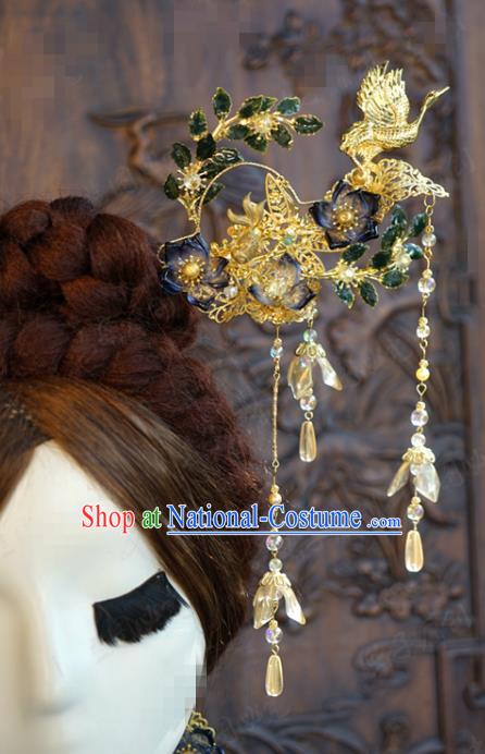 China Ancient Palace Tassel Hairpin Traditional Xiuhe Suit Hair Accessories Wedding Bride Golden Crane Hair Stick