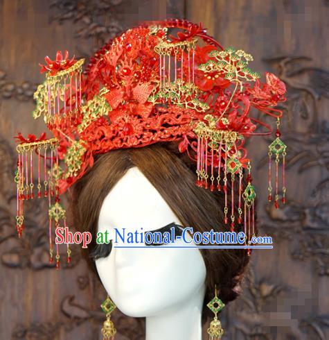 China Ancient Bride Hair Crown Hair Accessories Traditional Wedding Deluxe Red Phoenix Coronet