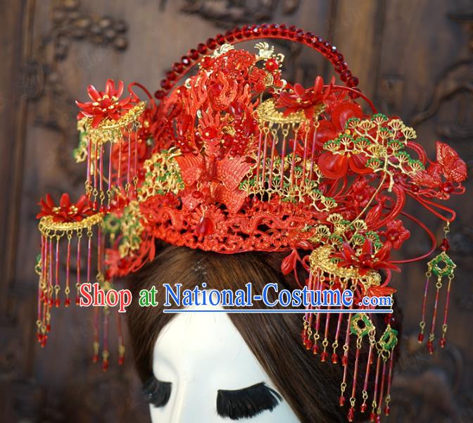 China Ancient Bride Hair Crown Hair Accessories Traditional Wedding Deluxe Red Phoenix Coronet