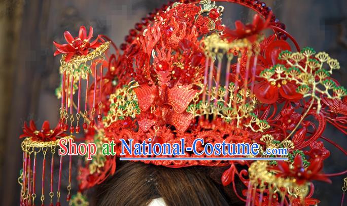 China Ancient Bride Hair Crown Hair Accessories Traditional Wedding Deluxe Red Phoenix Coronet