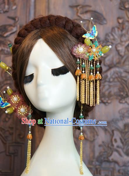 China Wedding Bride Blueing Butterfly Hairpin Ancient Tassel Jade Hair Stick Traditional Xiuhe Suit Hair Accessories