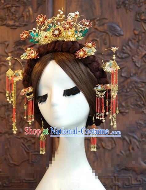 China Ancient Bride Red Lotus Hair Crown and Tassel Hairpins Traditional Hanfu Court Woman Hair Accessories