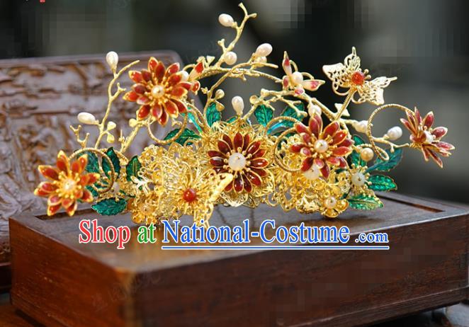 China Ancient Queen Red Flowers Hair Crown Traditional Xiuhe Suit Hair Accessories Wedding Bride Hairpin