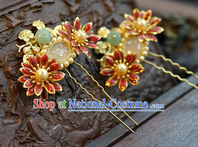 China Ancient Princess Pearls Chalcedony Hair Sticks Traditional Xiuhe Suit Hair Accessories Wedding Bride Red Lotus Hairpins