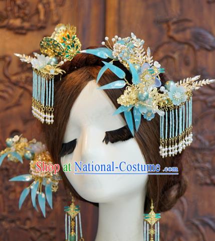 China Traditional Ancient Bride Blueing Hair Crown and Hairpins Earrings Court Hair Accessories Full Set