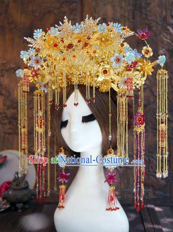 China Traditional Wedding Deluxe Phoenix Coronet Ancient Bride Golden Hair Crown and Hairpins Earrings Hair Accessories Full Set