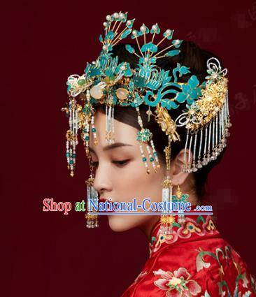 China Ancient Bride Blueing Phoenix Coronet Wedding Hair Crown and Hairpins Traditional Hair Accessories