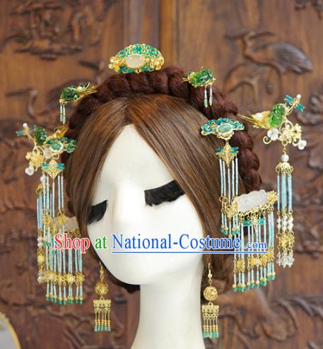 China Ancient Bride Blueing Hair Crown and Tassel Hairpins Traditional Wedding Hair Accessories Full Set