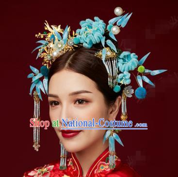 China Ancient Bride Blue Velvet Chrysanthemum Hair Crown and Tassel Hairpins Traditional Wedding Hair Accessories