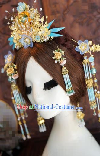 China Traditional Bride Hair Accessories Ancient Wedding Hair Crown and Tassel Hairpins Complete Set