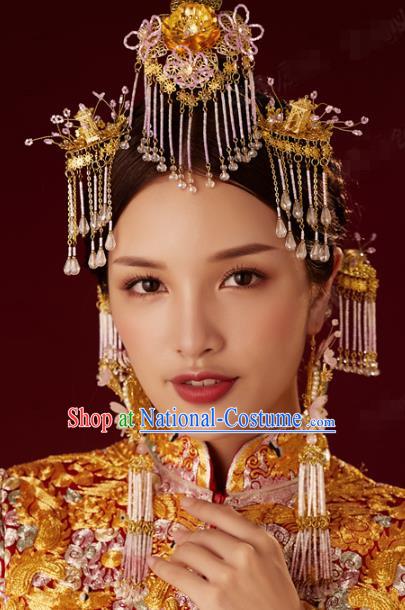 China Traditional Ancient Wedding Pink Beads Tassel Hair Crown and Hairpins Bride Hair Accessories Complete Set