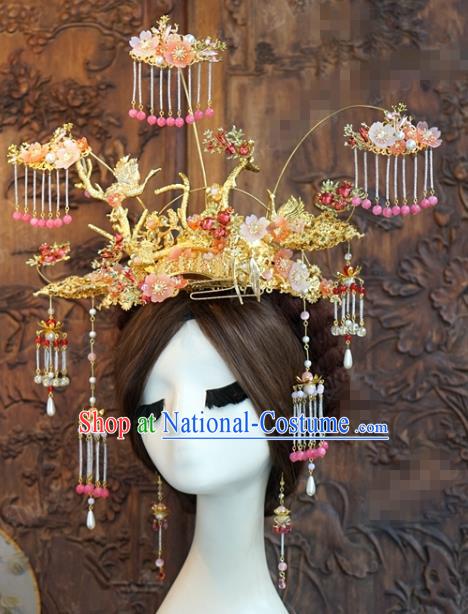 China Traditional Wedding Pink Beads Tassel Phoenix Coronet Hairpins Ancient Bride Hair Accessories Headwear