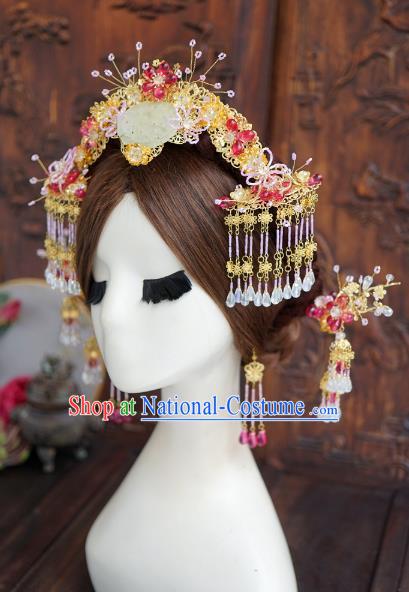 China Ancient Bride Hair Accessories Headwear Traditional Wedding Jade Hair Crown and Tassel Hairpins Full Set