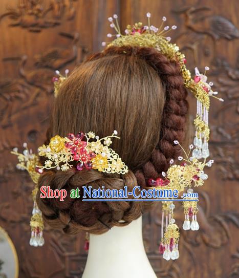 China Ancient Bride Hair Accessories Headwear Traditional Wedding Jade Hair Crown and Tassel Hairpins Full Set