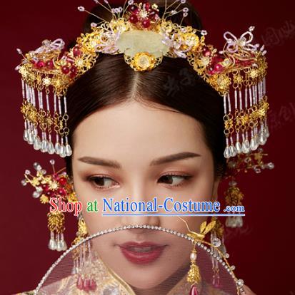 China Ancient Bride Hair Accessories Headwear Traditional Wedding Jade Hair Crown and Tassel Hairpins Full Set