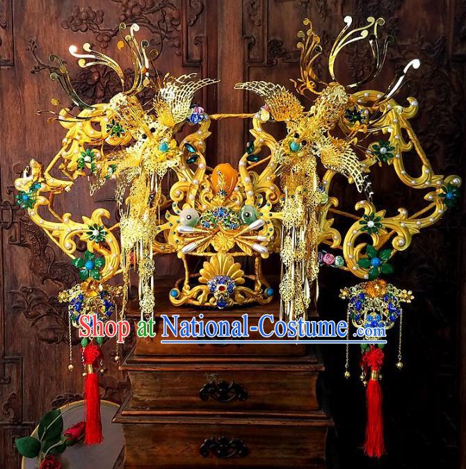 China Traditional Hair Accessories Wedding Hair Crown Headwear Ancient Bride Blueing Phoenix Coronet Full Set